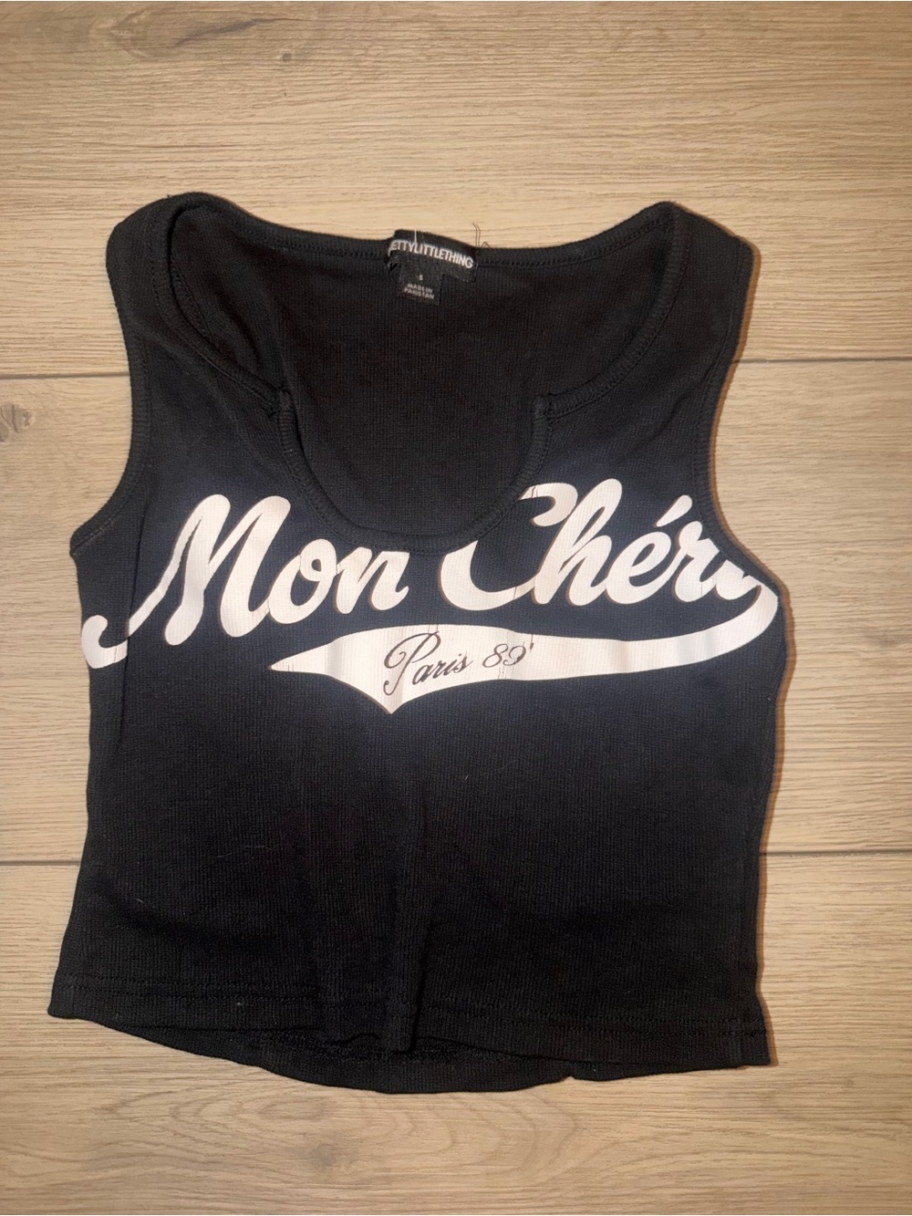 PrettyLittleThing Black Crop Tank with White 'Mon Chéri' Script